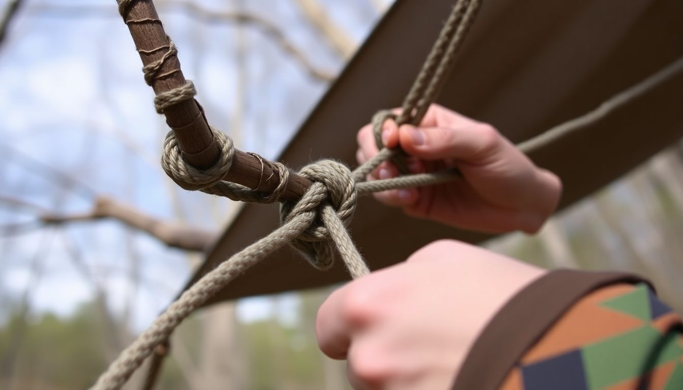 A close-up of a clove hitch knot tied around a tree branch, with a person using it to secure a tarp.