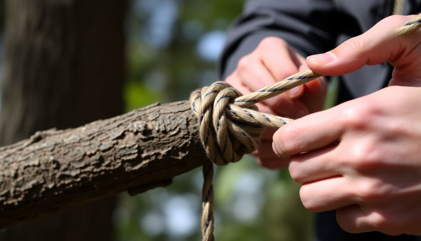 A close-up of a half hitch knot tied around a tree branch, with a person using it to secure a light load.