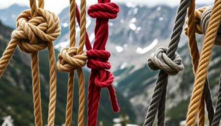 A close-up photograph of a variety of ropes and a diverse set of knots tied on them, with a backdrop of a rugged, wilderness landscape.