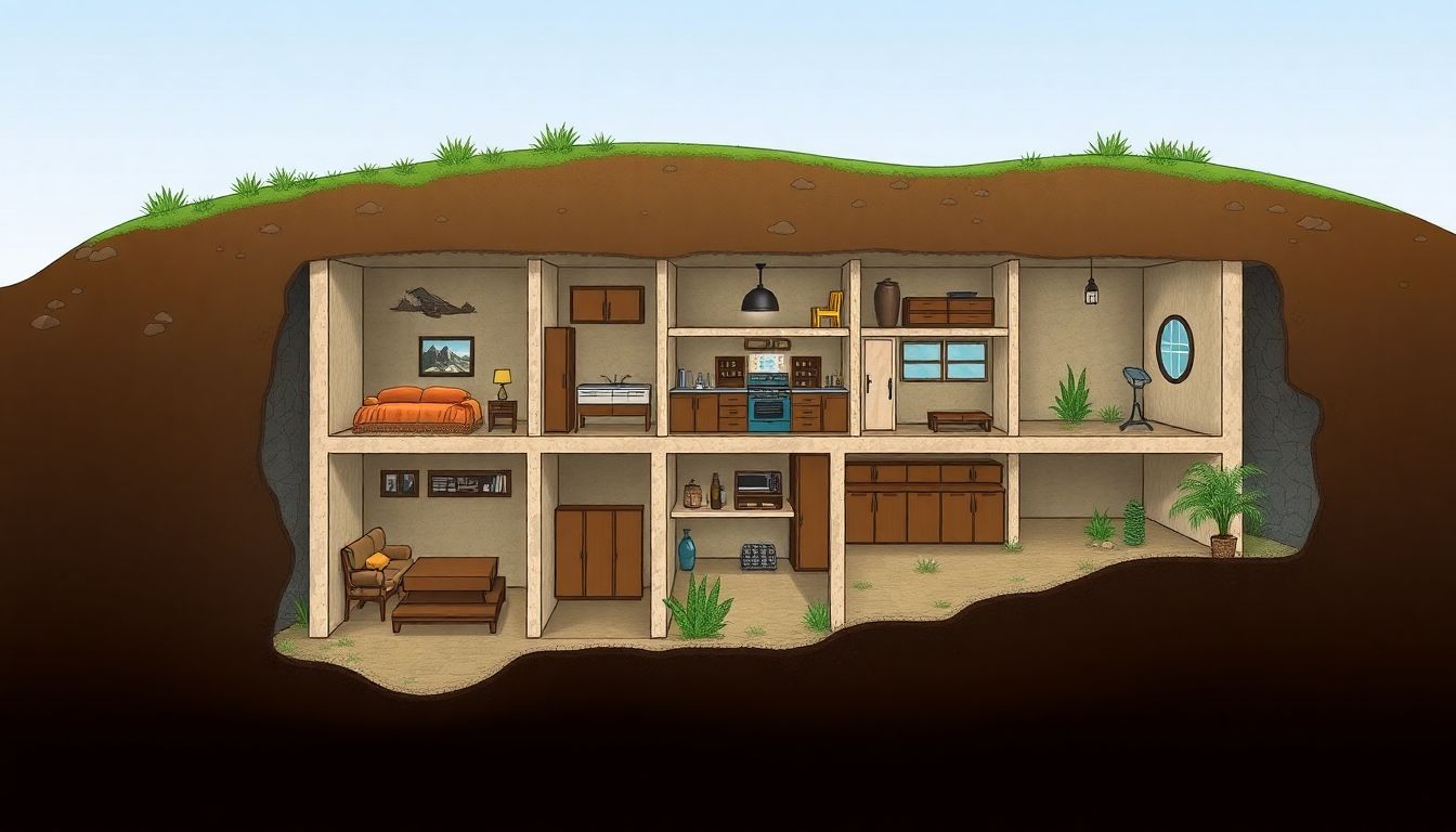 A cross-section illustration of a well-designed underground bunker with multiple rooms, including a living area, bedroom, kitchen, and even a small greenhouse.