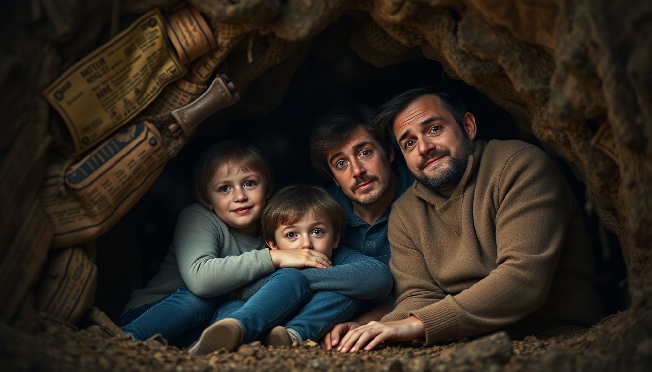 A thought-provoking image of a family huddled together in a cozy underground bunker during a storm, with a worried but reassured expression on their faces.