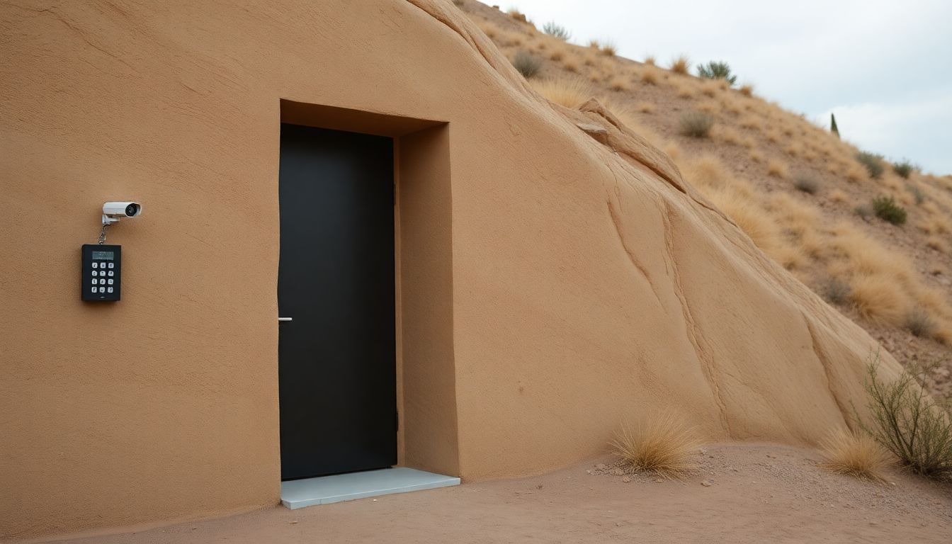 A discreet, reinforced steel door blending seamlessly into the side of a hill, with a hidden keypad and motion-activated security cameras nearby.