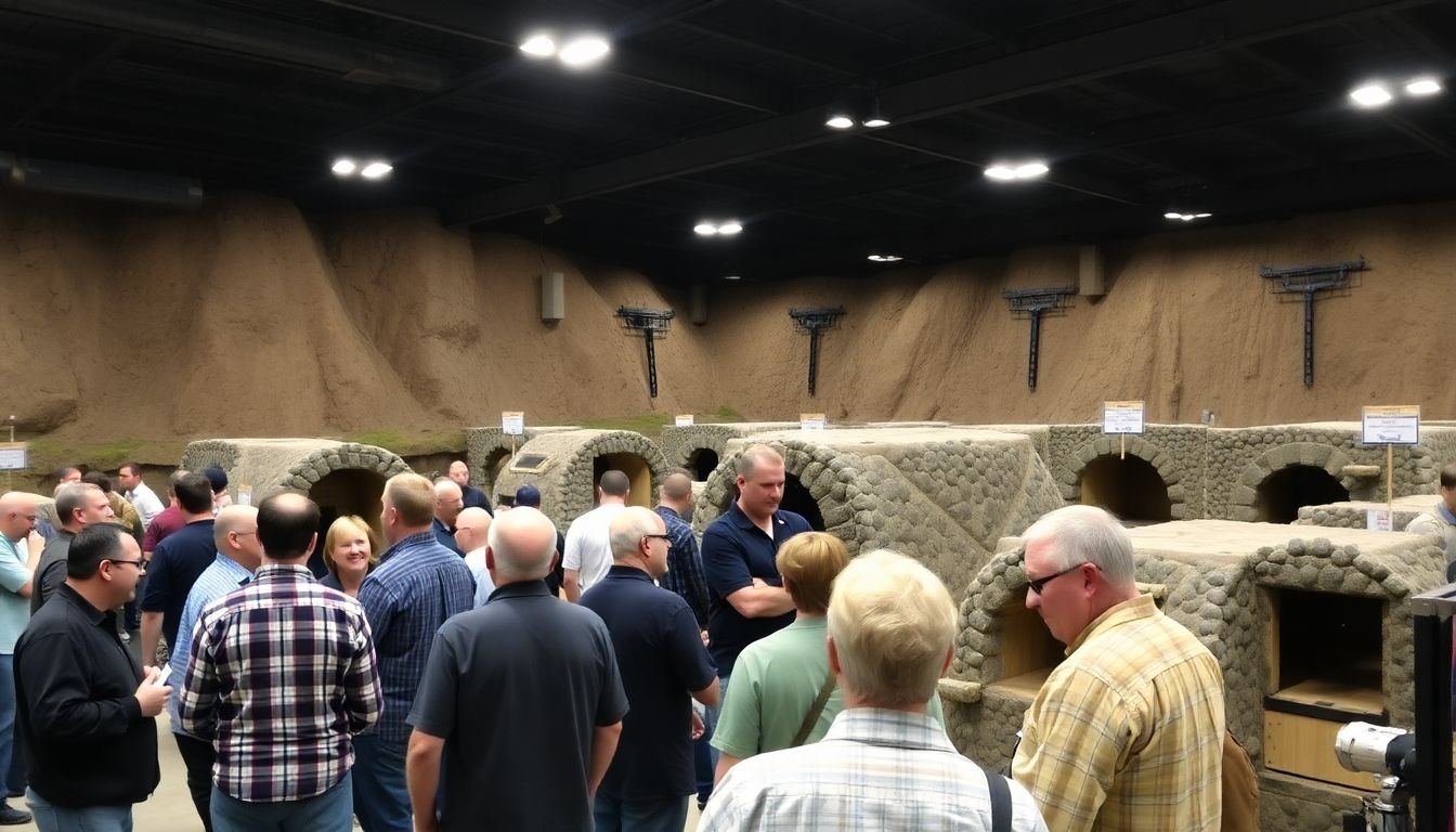 A group of people gathered at a survival expo, exchanging ideas, and admiring various underground bunker designs on display.