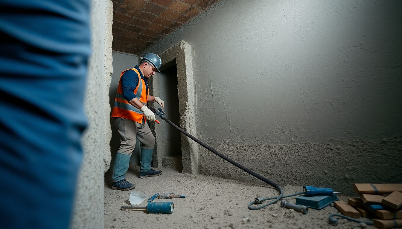 A close-up image of a construction worker applying a layer of concrete to the interior walls of an underground bunker, with tools and materials scattered around.