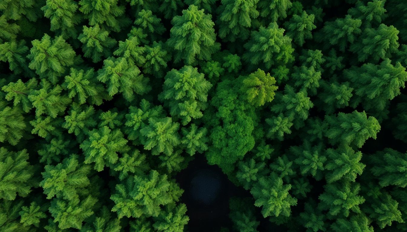 An aerial view of a lush, secluded forest with a subtle hint of an underground bunker entrance, surrounded by natural camouflage.