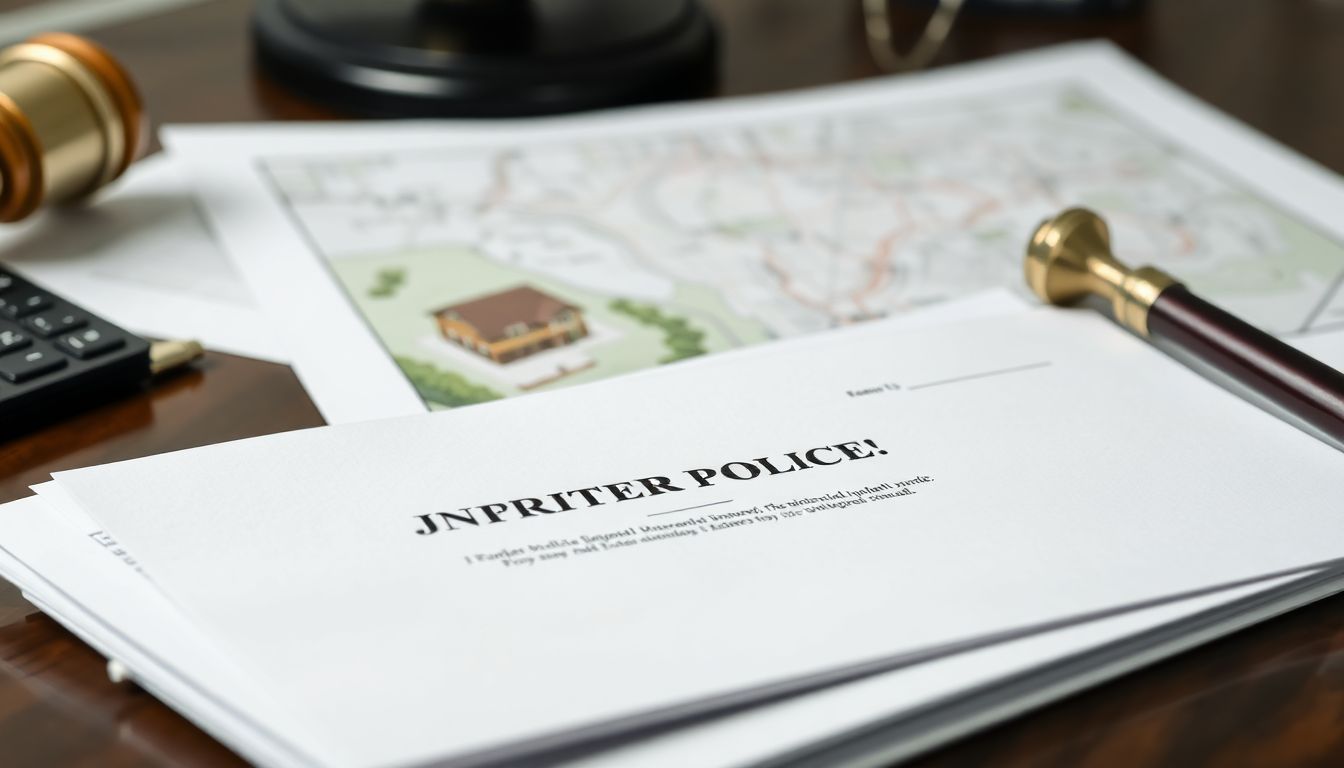 A stack of legal documents and insurance policies on a desk, with a map of a property featuring an underground bunker in the background.