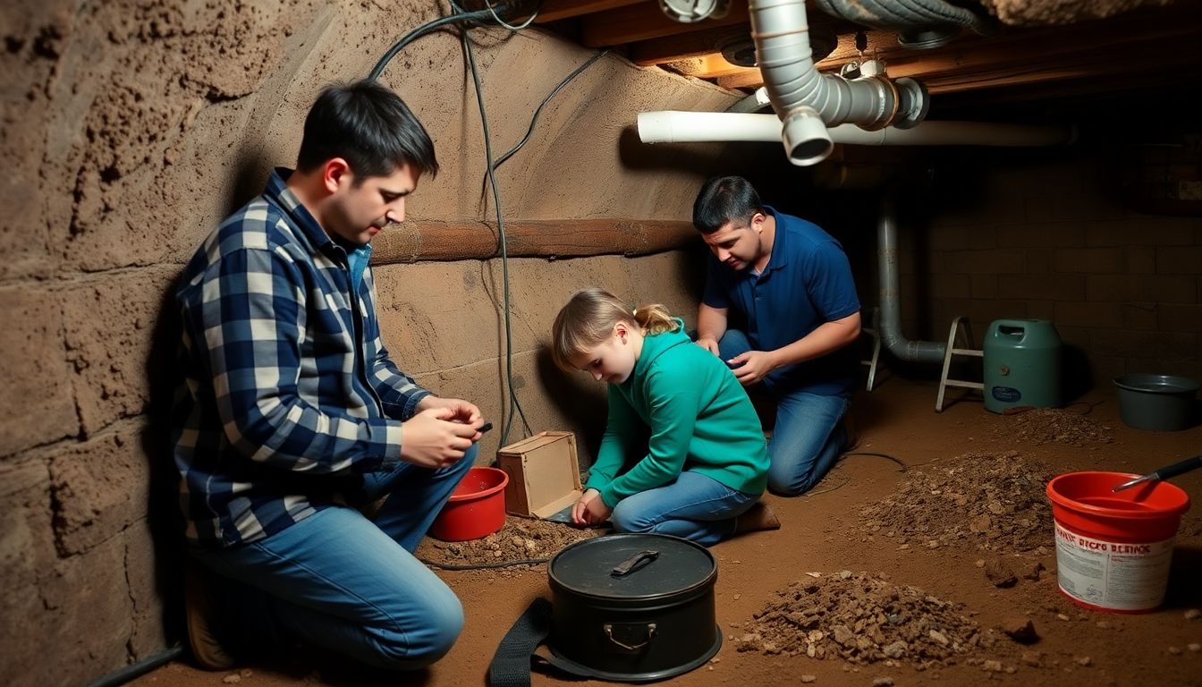 A family performing routine maintenance on their underground bunker, checking for leaks, testing systems, and making improvements to their living space.