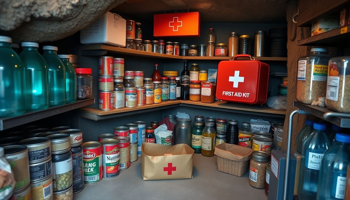 A well-organized underground bunker pantry filled with canned goods, water bottles, and other essential supplies, with a first aid kit prominently displayed.