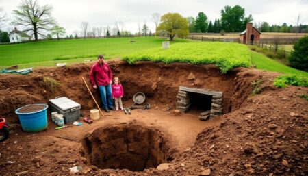 A captivating image of a family working together to build an underground bunker, with tools, materials, and a partially dug-out hole in the foreground, and the finished bunker with a green roof blending into the landscape in the background.