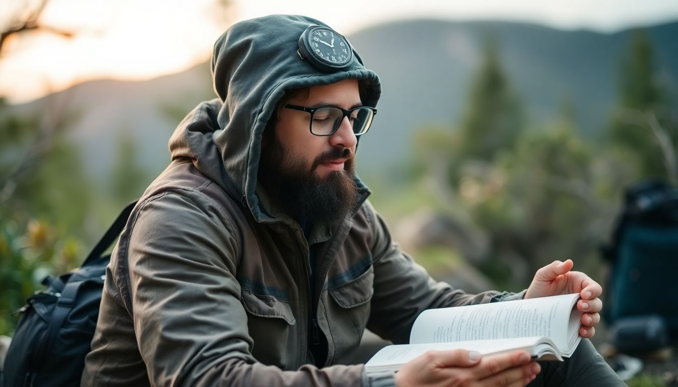 A prepper engaging in self-care activities, such as meditation, exercise, or journaling, in a serene and natural environment.