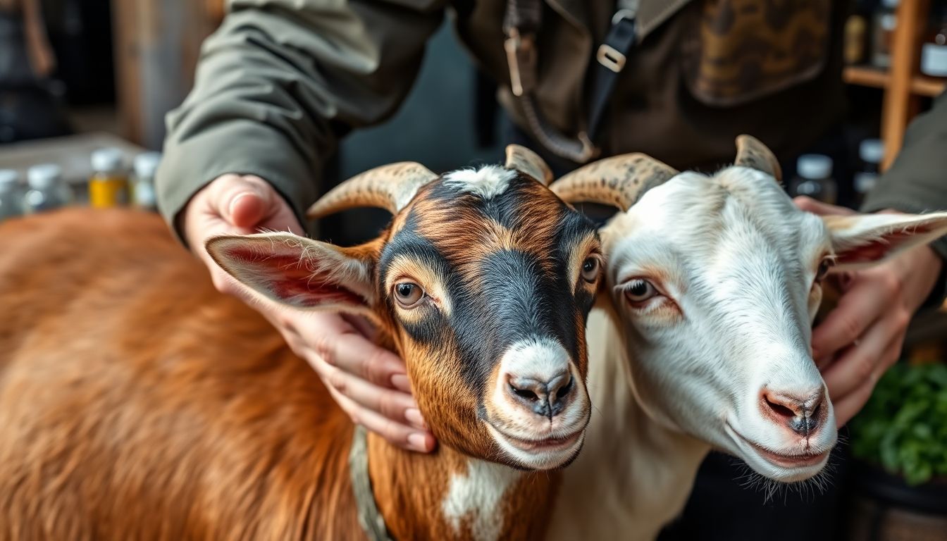 A content and healthy-looking goat being examined by a prepper, with various natural remedies and herbs visible in the background, emphasizing the importance of preventative care and natural treatments.