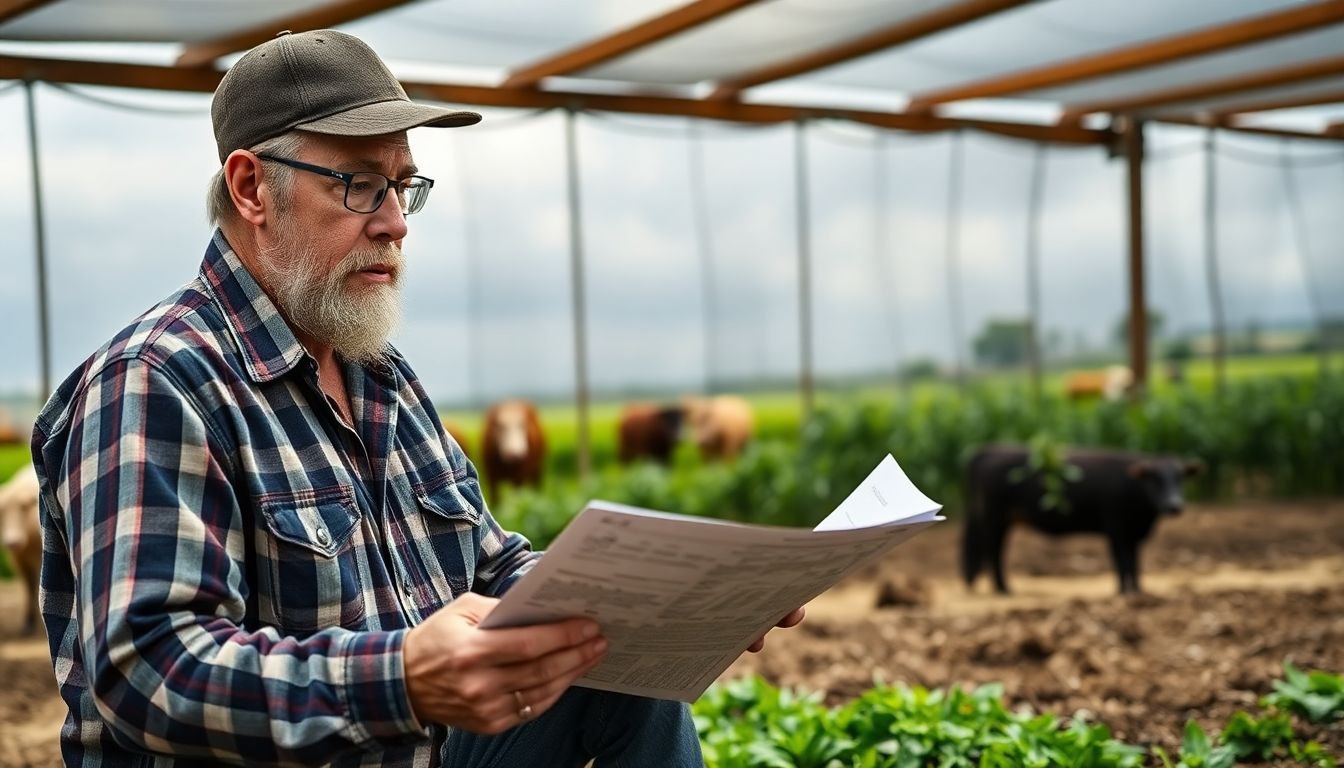 A determined prepper studying a detailed farm plan, with livestock and crops visible in the background, symbolizing their commitment to self-sufficiency.