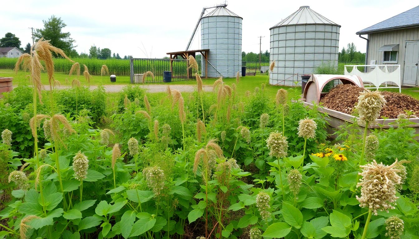 A bountiful garden filled with various forage plants, with a nearby silo and a mix of homemade and store-bought feed, illustrating the balance between DIY and store-bought options.