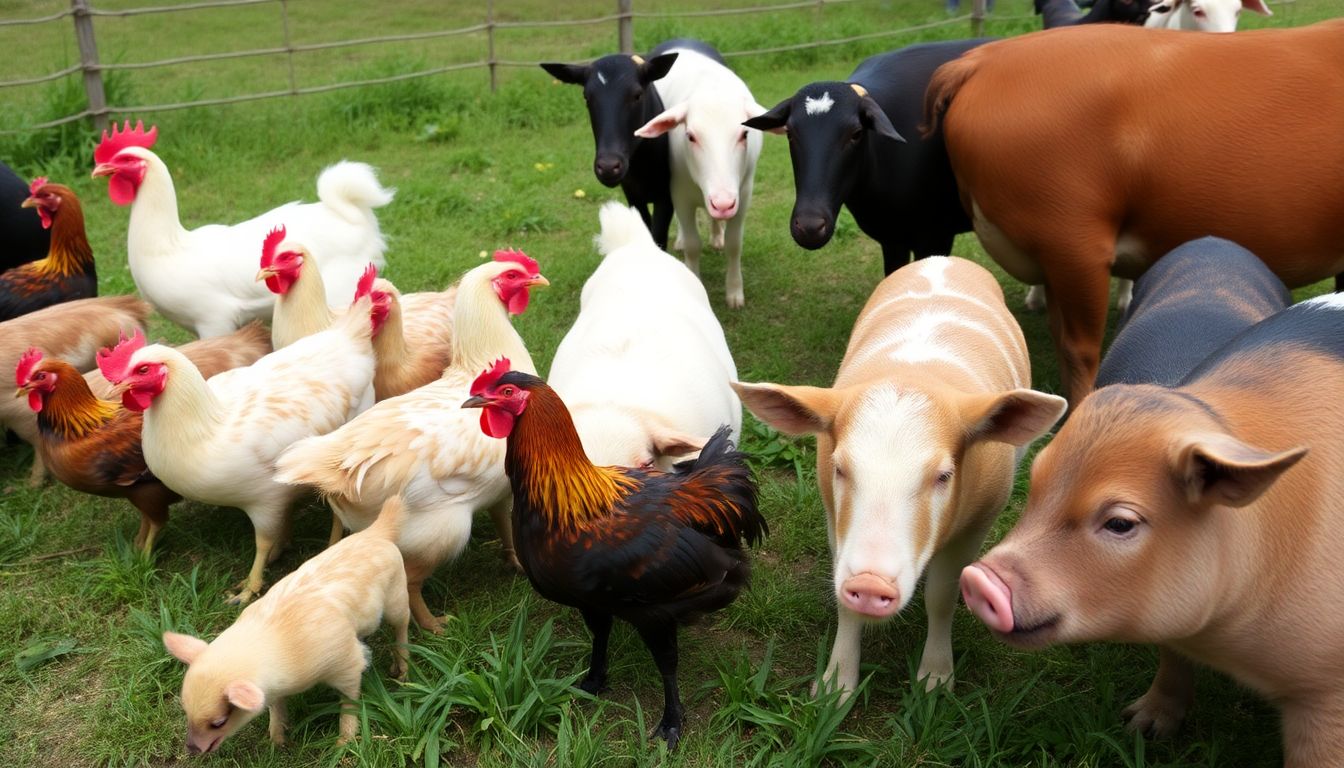 A variety of livestock, including chickens, goats, and pigs, grazing peacefully together in a well-maintained homestead, representing the harmony and diversity of a self-sufficient farm.