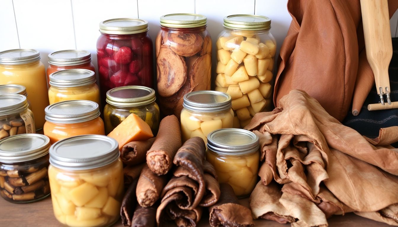 A variety of preserved and processed livestock products, including jars of homemade cheese, cured meats, and tanned hides, showcasing the importance of making the most of your harvest.