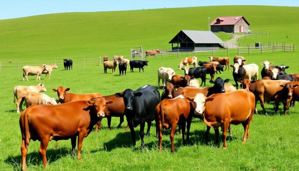 A diverse array of livestock grazing in a lush, green pasture, surrounded by a sturdy fence and a prepper's homestead in the background, with a clear blue sky and a sense of self-sufficiency and independence.