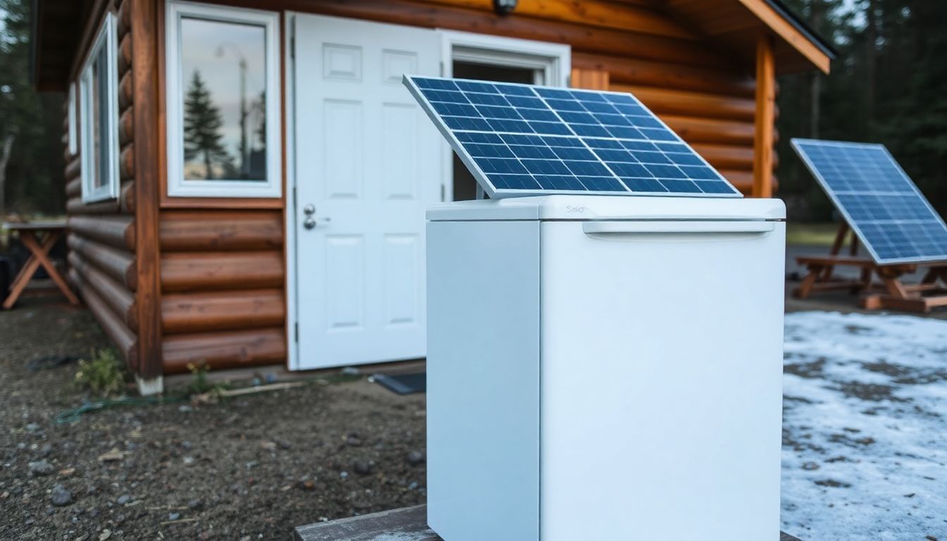 A solar-powered refrigerator sitting outside a small, off-grid cabin, with solar panels visible in the background.