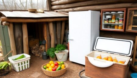 A rustic, off-grid homestead with a variety of non-electric cooling methods in use, such as a root cellar, a solar-powered refrigerator, and a homemade ice box, with fresh produce and preserved food items visible.