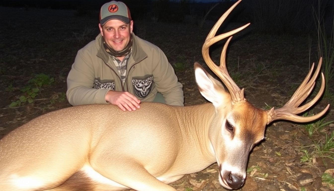 A hunter kneeling beside a fallen deer, with a respectful and somber expression on their face, a hand placed on the animal's shoulder.