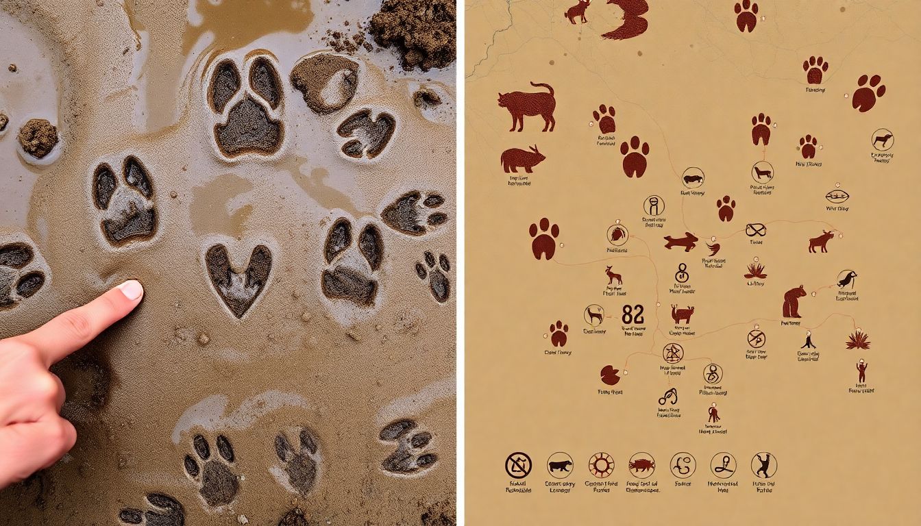 A close-up of various animal tracks in the mud, with a hand pointing to them, and a map of the surrounding area marked with different symbols for various animal signs.