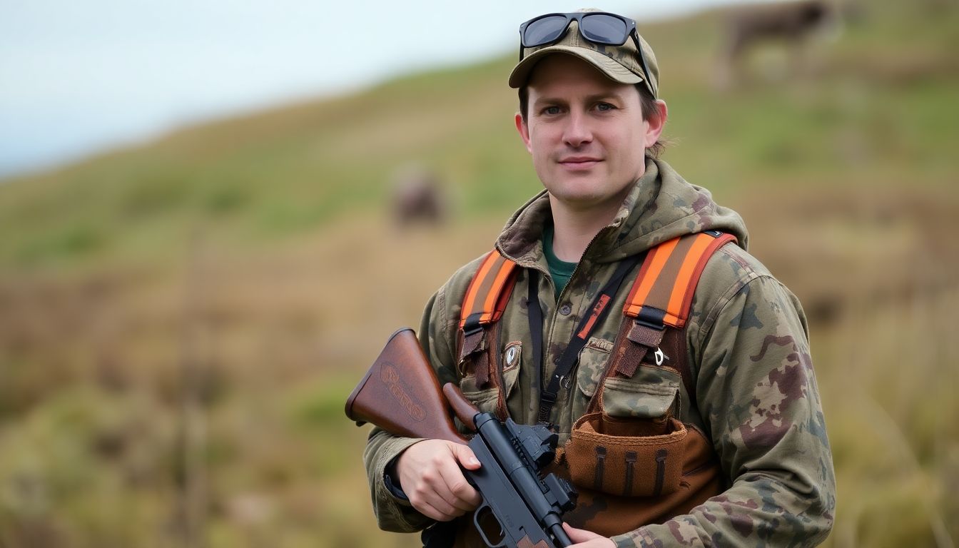 A person in hunting gear, standing in a peaceful, natural setting, with a look of calm and determination on their face, and a hunting weapon resting in their hands.