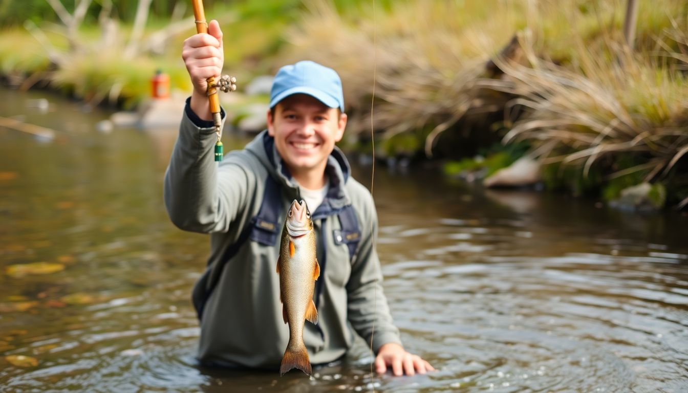 A person standing in a stream, holding a homemade fishing rod, with a fish wriggling on the end of the line, and a look of triumph on their face.