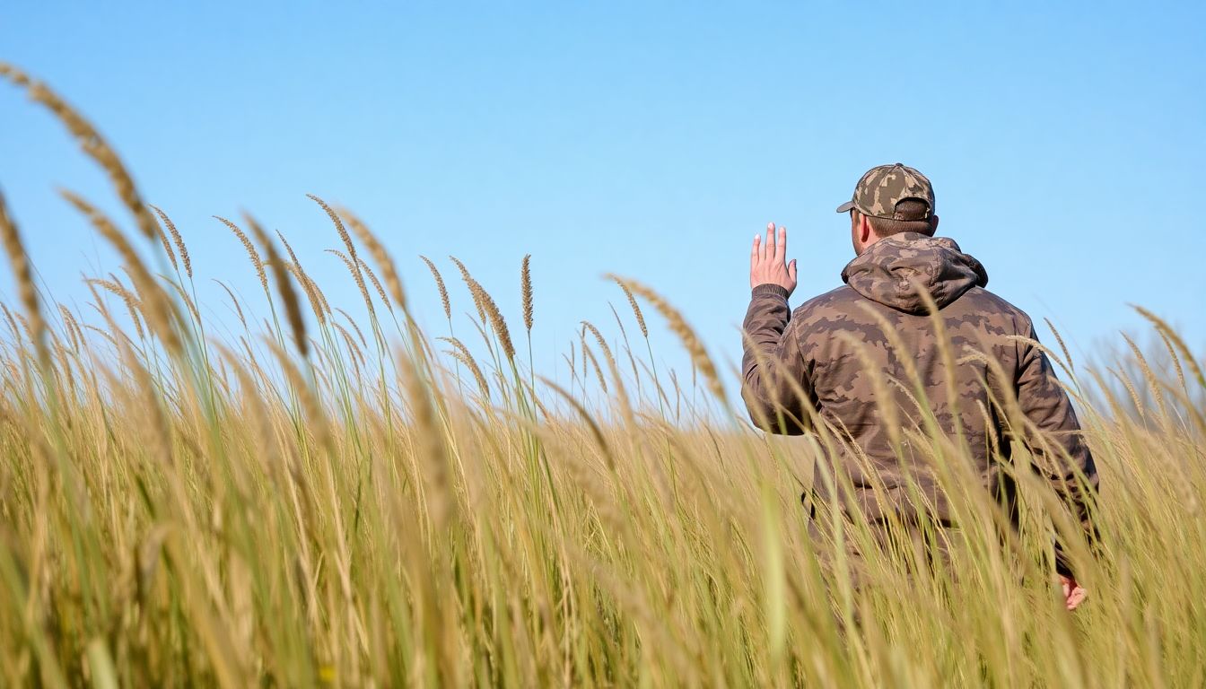 A person in camouflage, slowly and silently moving through tall grass, with a hand raised to show the direction of the wind.