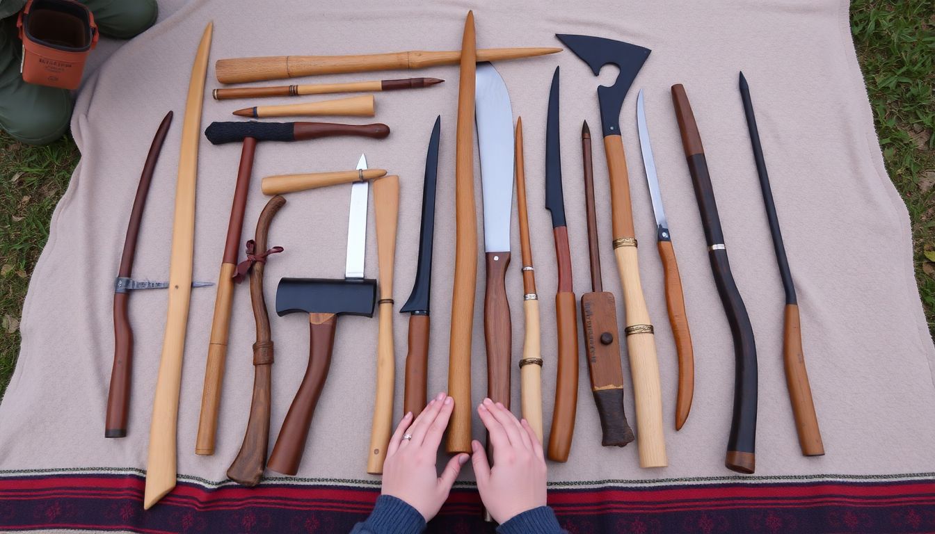 A variety of homemade and traditional hunting weapons laid out on a blanket, with a pair of hands demonstrating how to use each one.