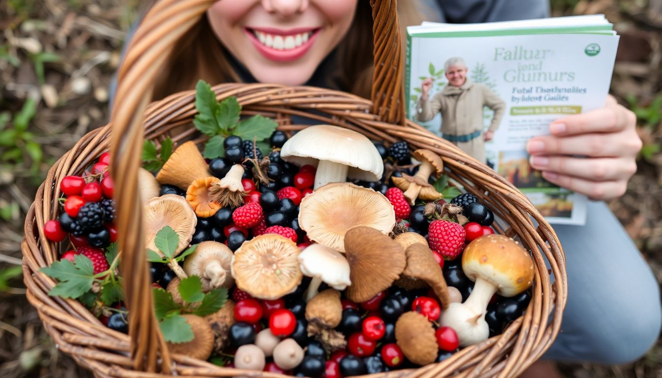 A basket filled with wild berries, mushrooms, and other foraged foods, with a person in the background, holding a field guide and a smile on their face.