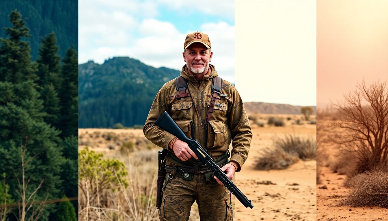 A person in hunting gear, standing in a variety of different environments, from a dense forest to a barren desert, with a determined look on their face and a hunting weapon in their hand.