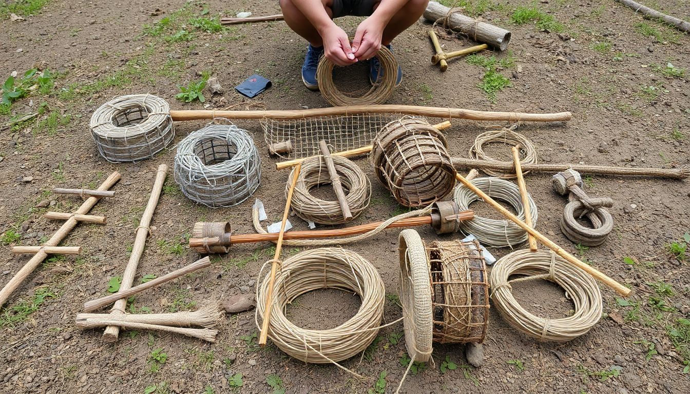 A variety of homemade traps and snares laid out on the ground, with a person in the background, demonstrating how to set them.