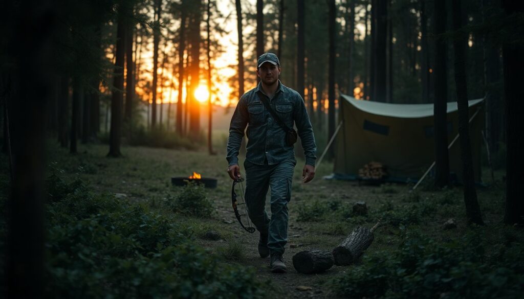 A lone figure, dressed in camouflage, silently moves through a dense forest, a hunting knife strapped to their belt, a bow in hand, and a determined look on their face. In the background, a small, well-organized campsite can be seen, with a fire pit, a tarp for shelter, and a small pile of firewood. The sun is beginning to set, casting a warm, orange glow over the scene.