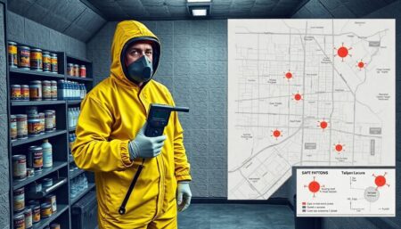 A lone prepper, dressed in a full hazmat suit, stands in a fallout shelter, holding a Geiger counter, with canned goods, water, and emergency supplies visible in the background, and a map of the city with marked safe zones and fallout patterns.