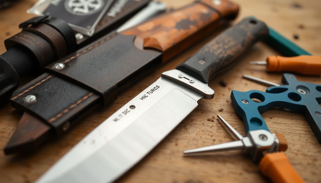 A close-up of a homemade survival knife, with various tools and materials used in its creation laid out nearby.