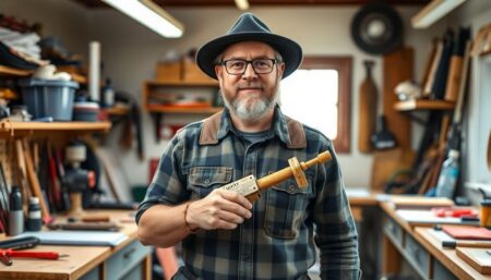 A well-equipped prepper standing in a clutter-free, well-lit workshop, surrounded by tools and materials, holding a homemade survival tool, with a proud and determined expression.