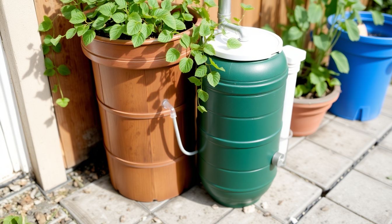 A rain barrel cleverly disguised as a planter, with a subtle water purification system connected to it.