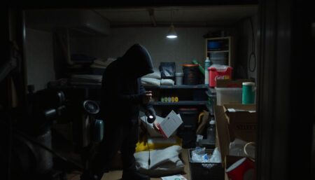 A shadowy figure meticulously organizing a hidden cache of supplies in their basement, with only a dim flashlight for light, symbolizing the secrecy and caution involved in stealth prepping.