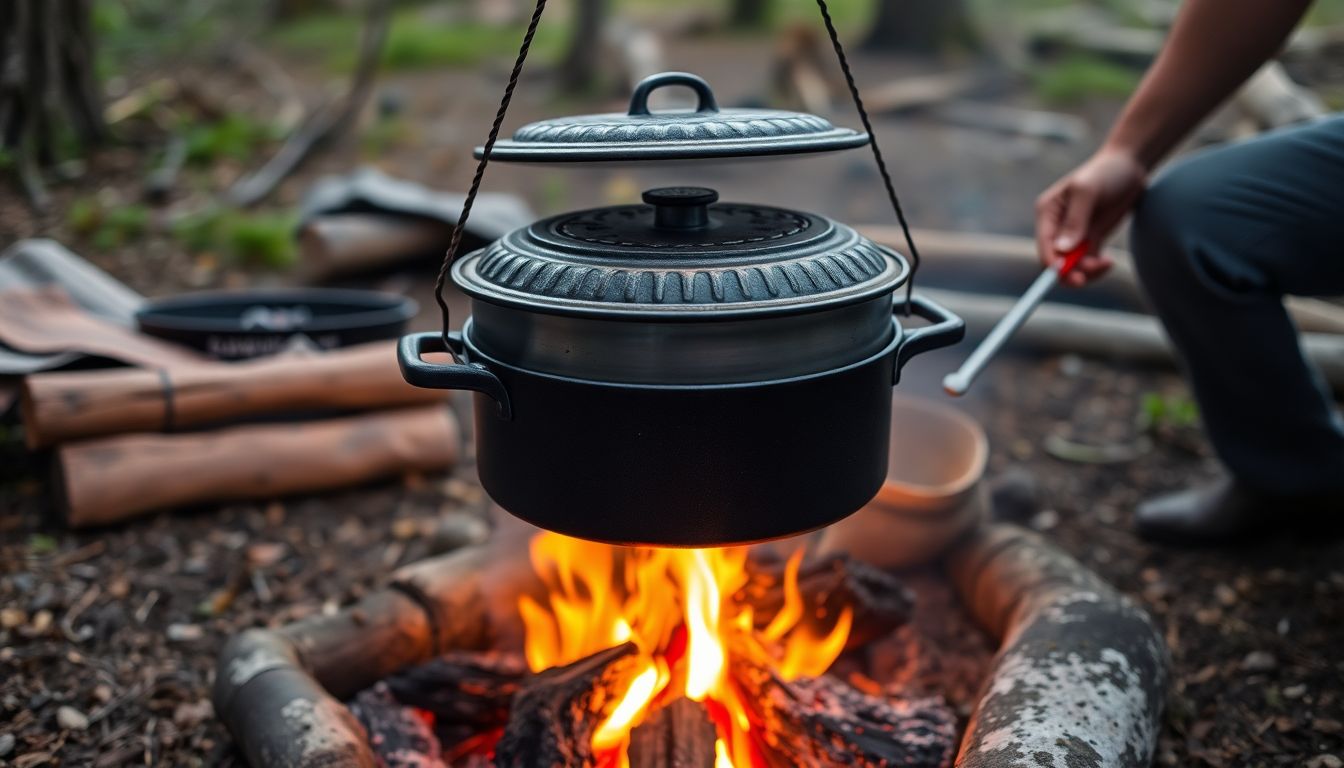 A Dutch oven suspended over a campfire, with a lid holder keeping it in place, and a person tending to the fire