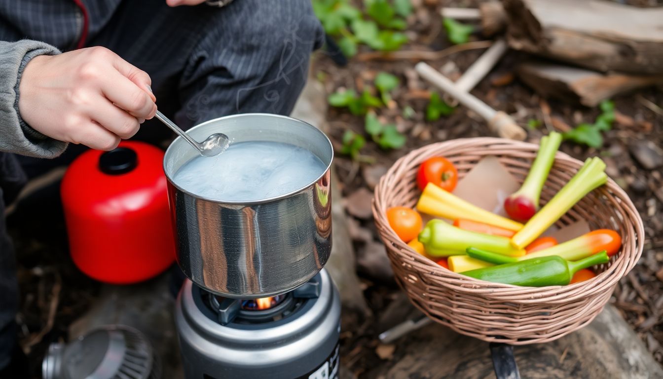 A person cooking over a camp stove, with a pot of boiling water and a basket of vegetables ready for steaming