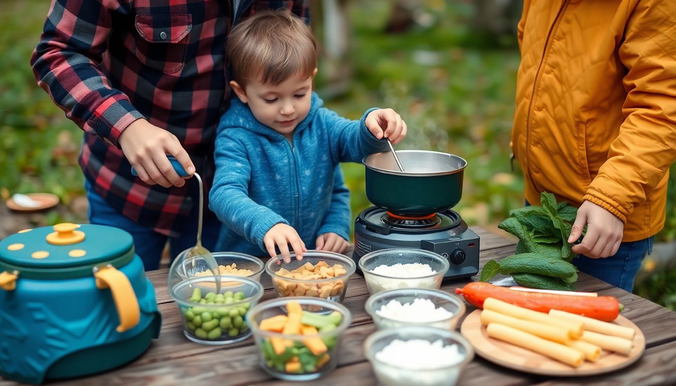 A child helping a parent cook over a camp stove, with a variety of kid-friendly ingredients laid out on a table