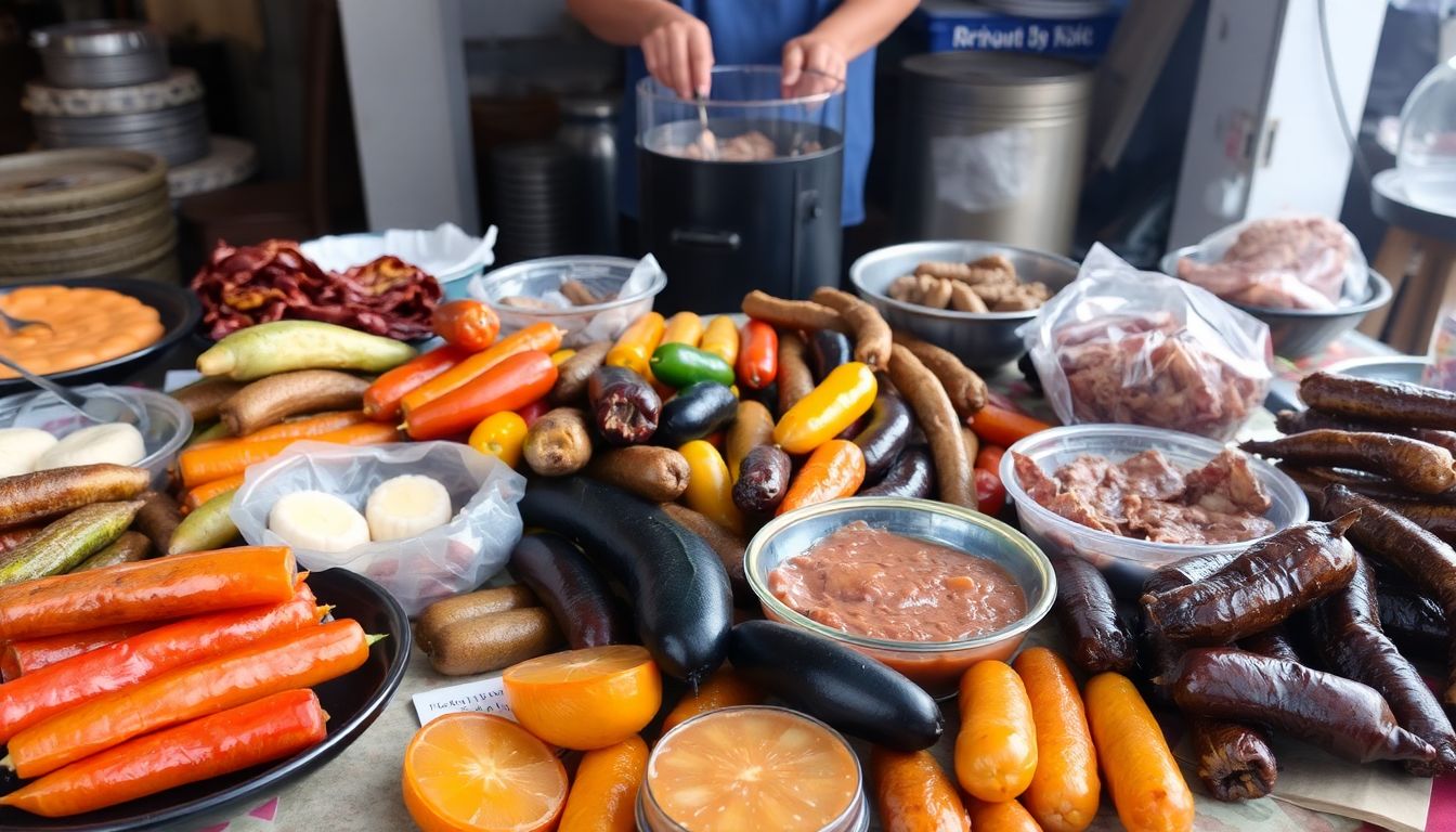 A variety of preserved foods laid out on a table, with a person in the background tending to a smoker