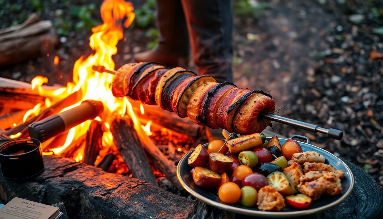 A person turning a spit roast over a campfire, with a variety of grilled vegetables and meats laid out on a nearby plate