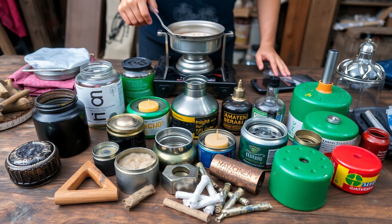 A variety of alternative fuel sources laid out on a table, with a person in the background cooking on an alcohol stove