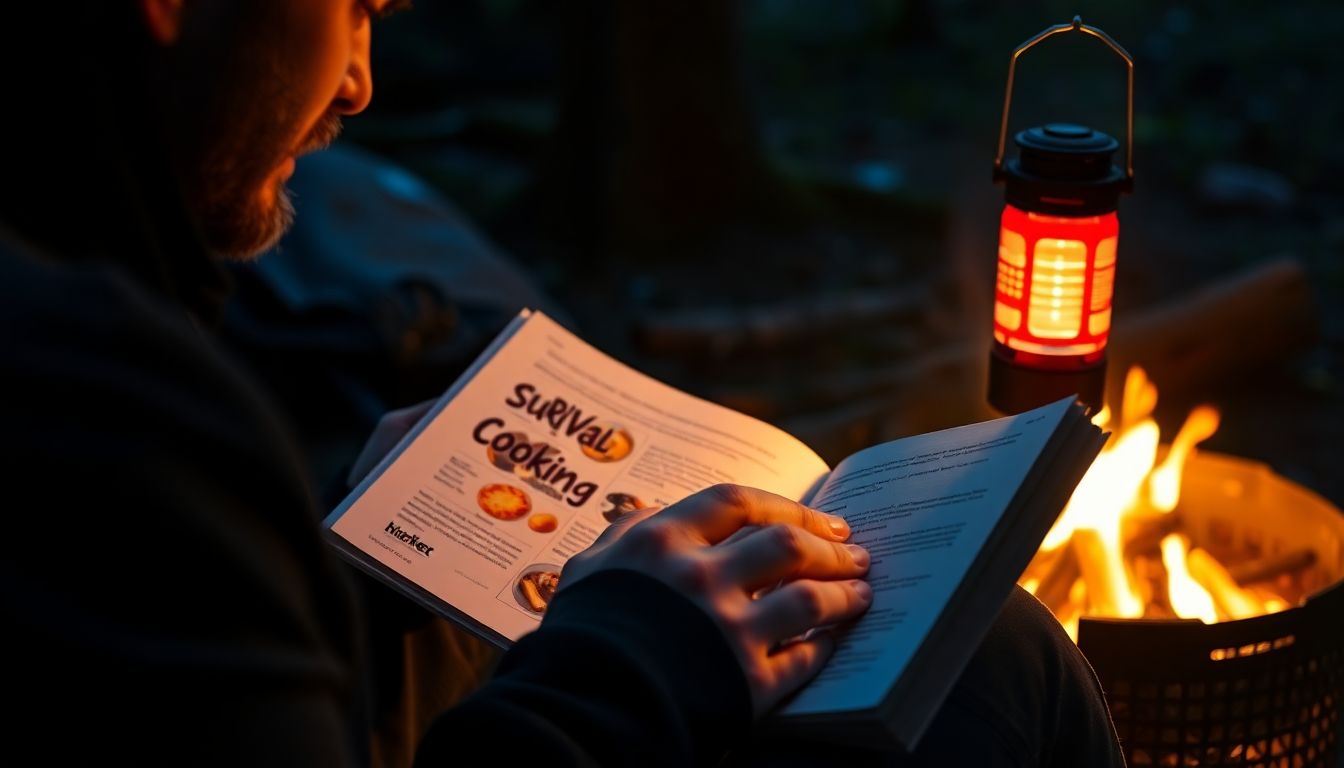 A person reading a survival cooking guide by the light of a camping lantern