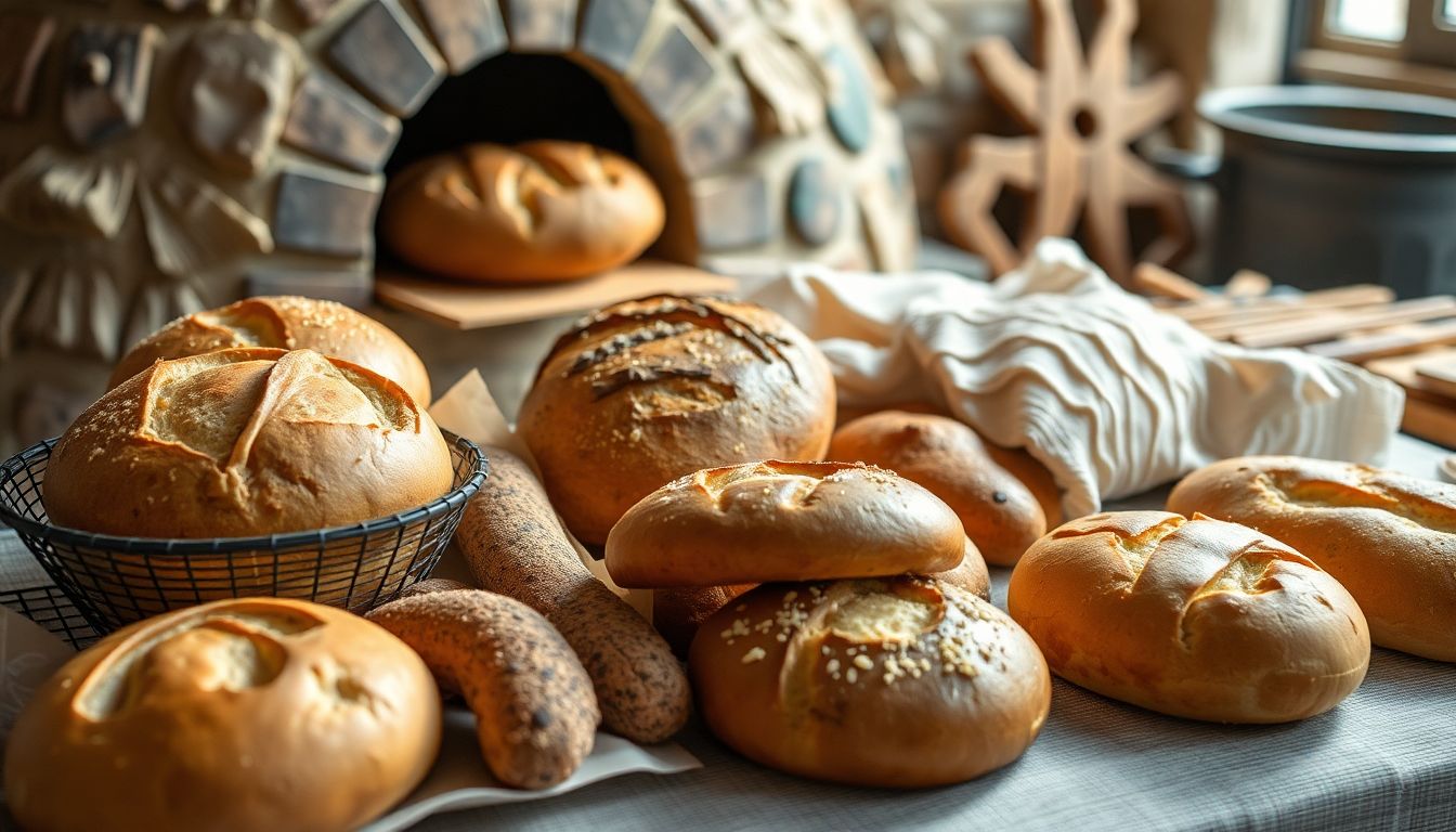 A variety of baked goods laid out on a table, with a person in the background removing a loaf of bread from an earth oven