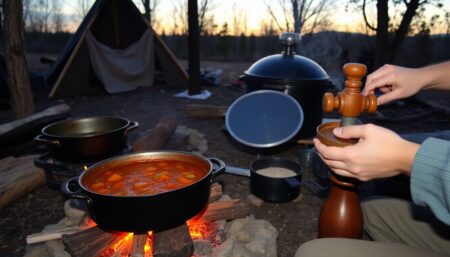 A rustic, well-equipped campsite at dusk, with a variety of alternative cooking methods in use - a Dutch oven bubbling with stew over an open fire, a solar oven heating up nearby, and a person skillfully grinding grains with a hand mill.