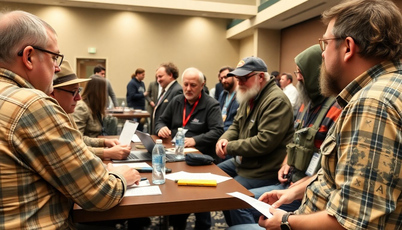 Representatives from different prepper groups meeting at a conference, exchanging ideas and resources