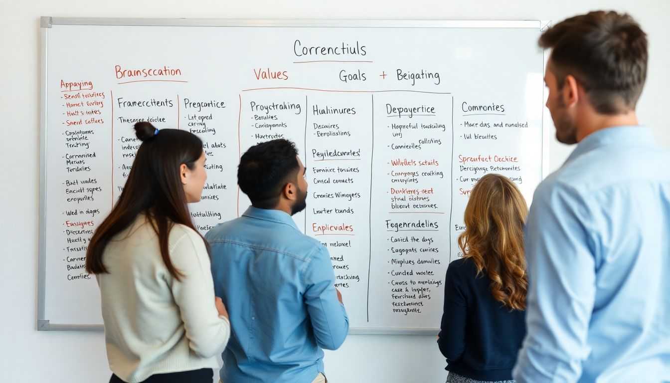 A whiteboard filled with brainstormed values and goals, with team members discussing around it