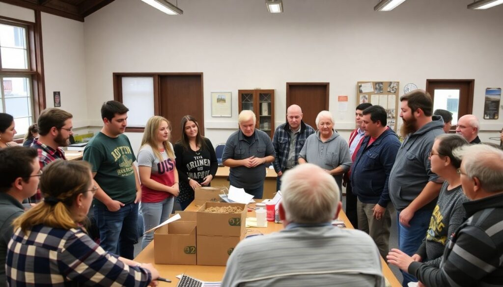 A diverse group of preppers, ranging from young adults to seniors, gathered in a community center, discussing strategies, sharing resources, and training together for potential disasters, symbolizing unity and preparedness.