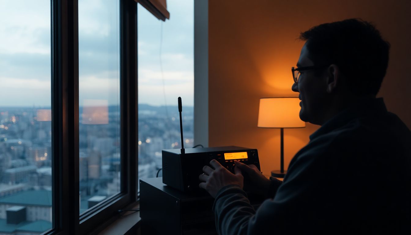 A person using a ham radio in a dimly lit apartment, with a cityscape visible through the window.